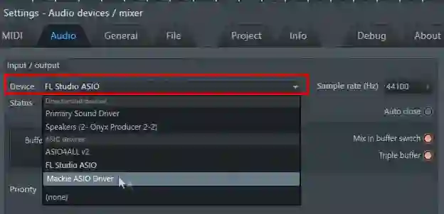 Selecting the audio device in FL Studio