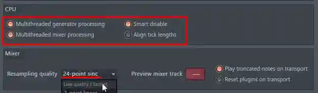 CPU and Mixer settings